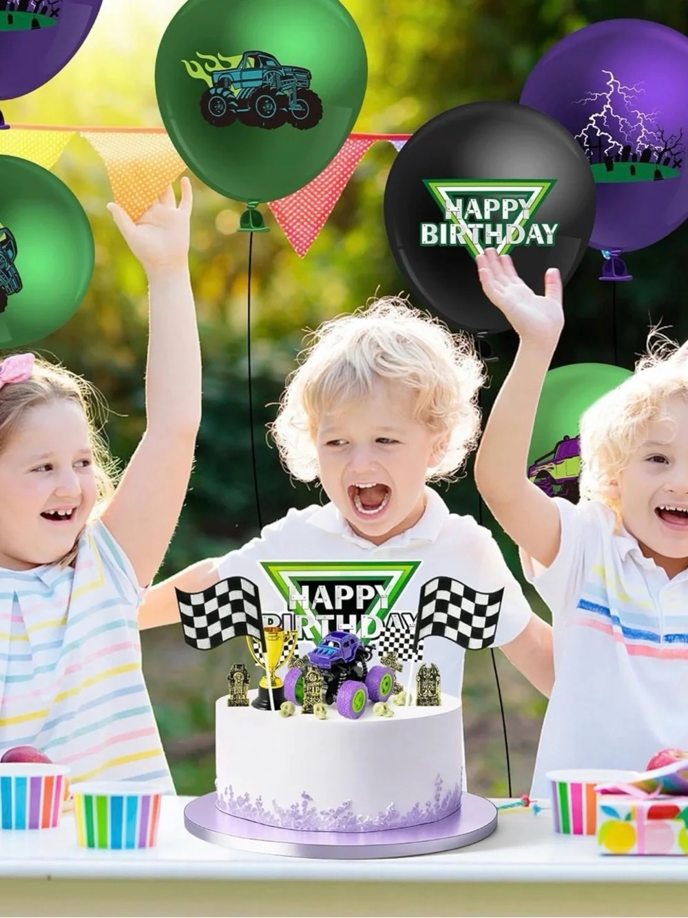 40~Green & Purple Monster Truck Cake Decoration Racing Car Dessert Cupcake Top